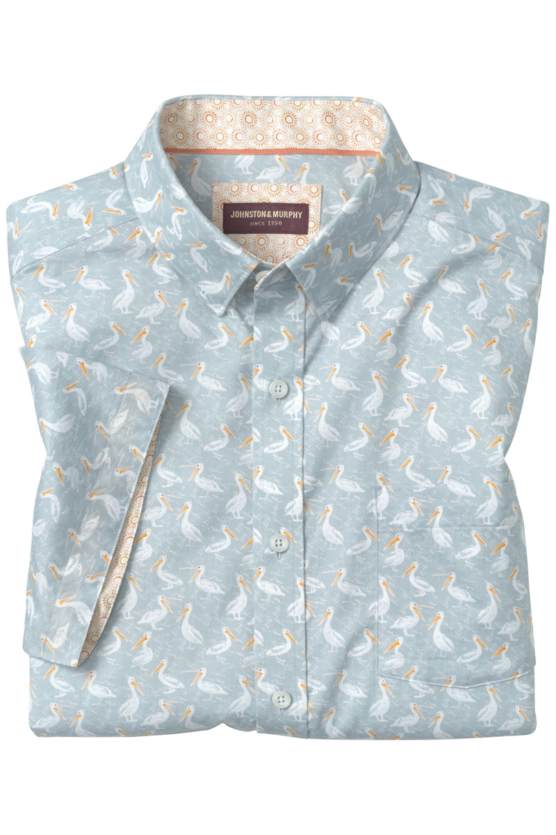 Wholesale,Johnston & Murphy, Johnston & Murphy Grey Pelican Print Airy Cotton Blend Shirt, Grey, Medium-44-TagMLarge-47-TagLExtra Large-51-TagXLSmall-41-TagSExtra Extra Large-54-TagXXL