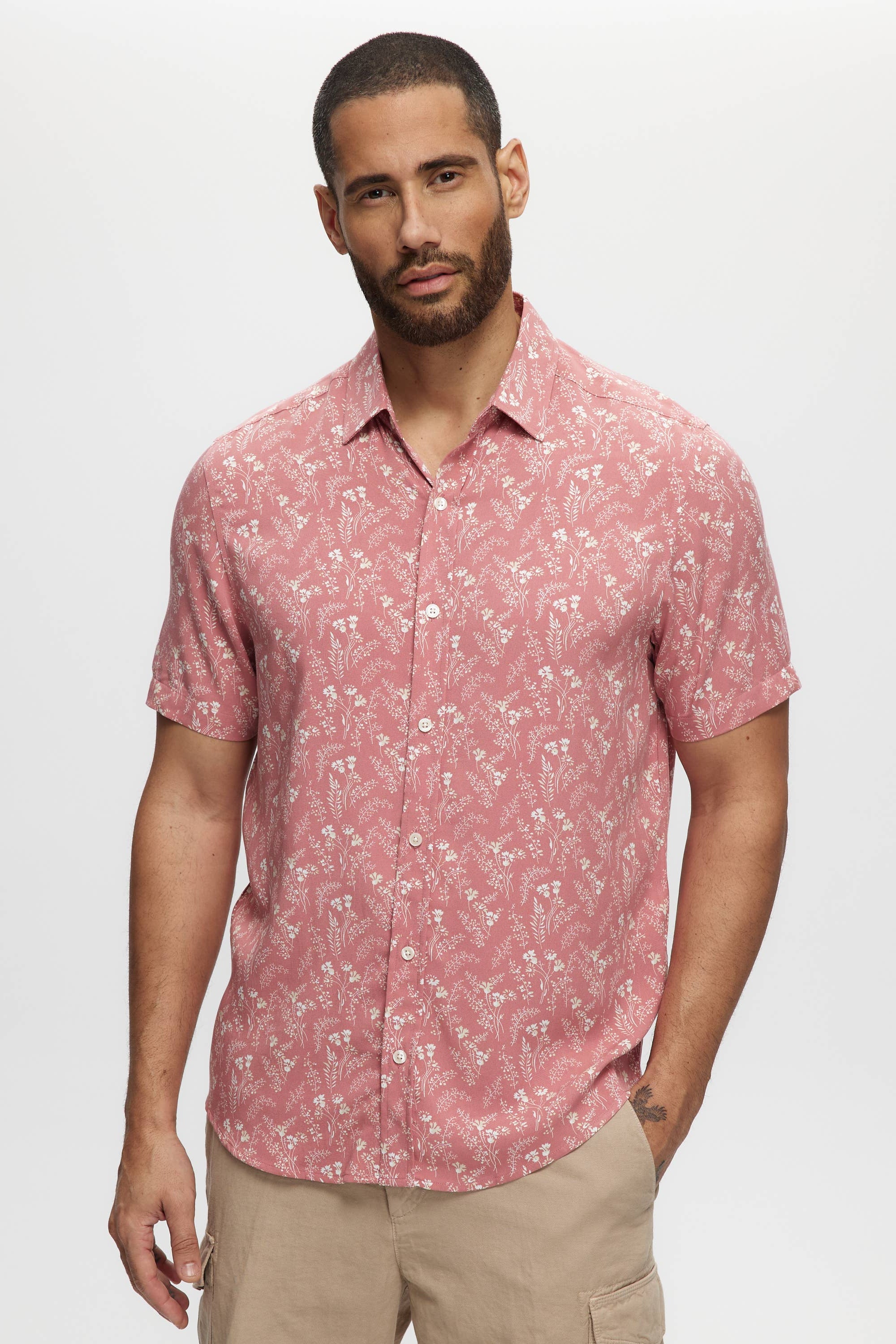 Faire,Julian & Mark, Julian & Mark Coral Floral Print Short Sleeve Rayon Shirt, Pink, Extra Large-49-TagXL