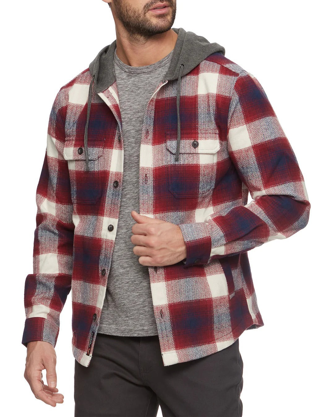 Wholesale,Flag & Anthem, Flag & Anthem Red/Navy Herringbone Hooded Shacket, Red, Extra Large-51-TagXL