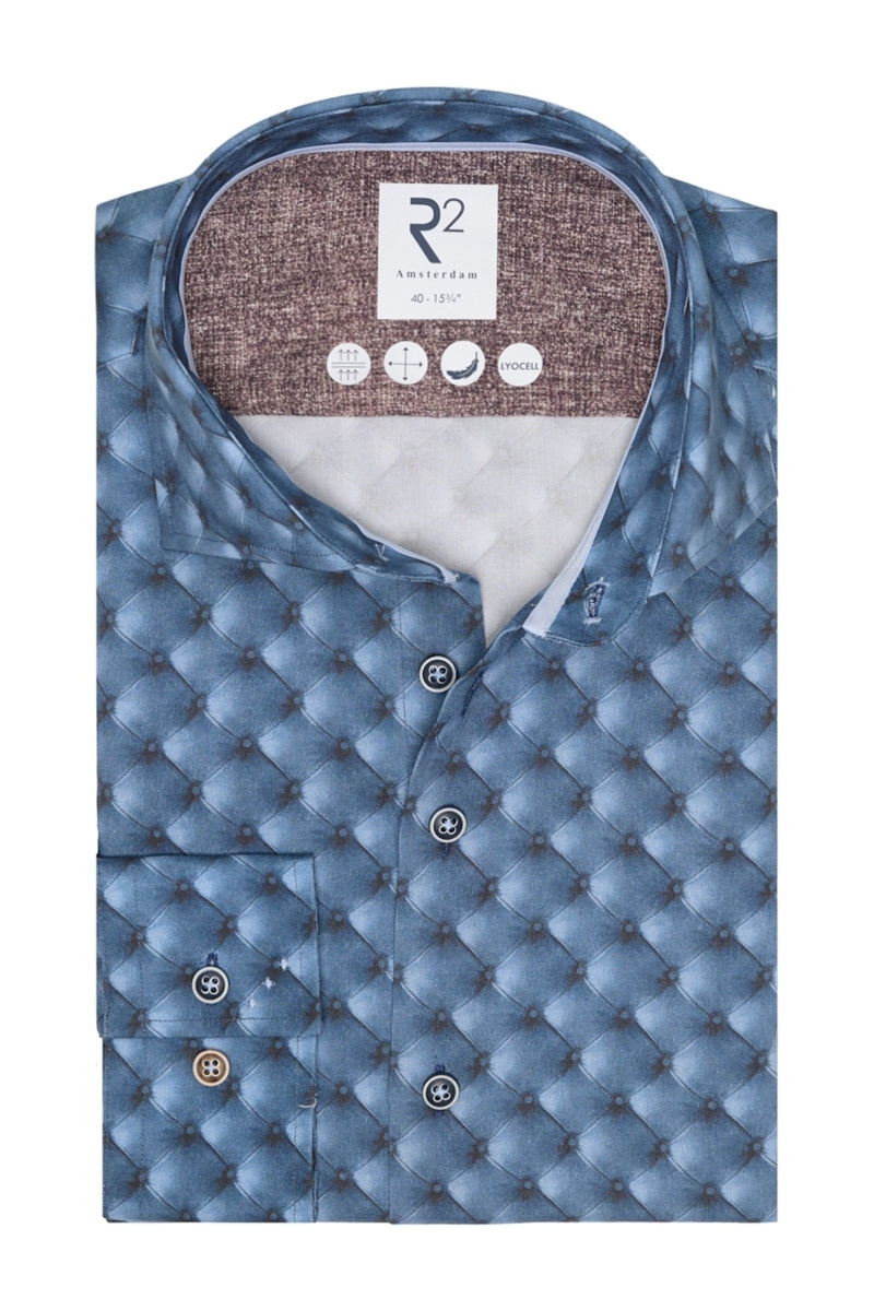 Direct From Brand,R2 Amsterdam, R2 Amsterdam Blue Quilted Diamond Pattern Shirt, Blue, Medium-44-Tag40