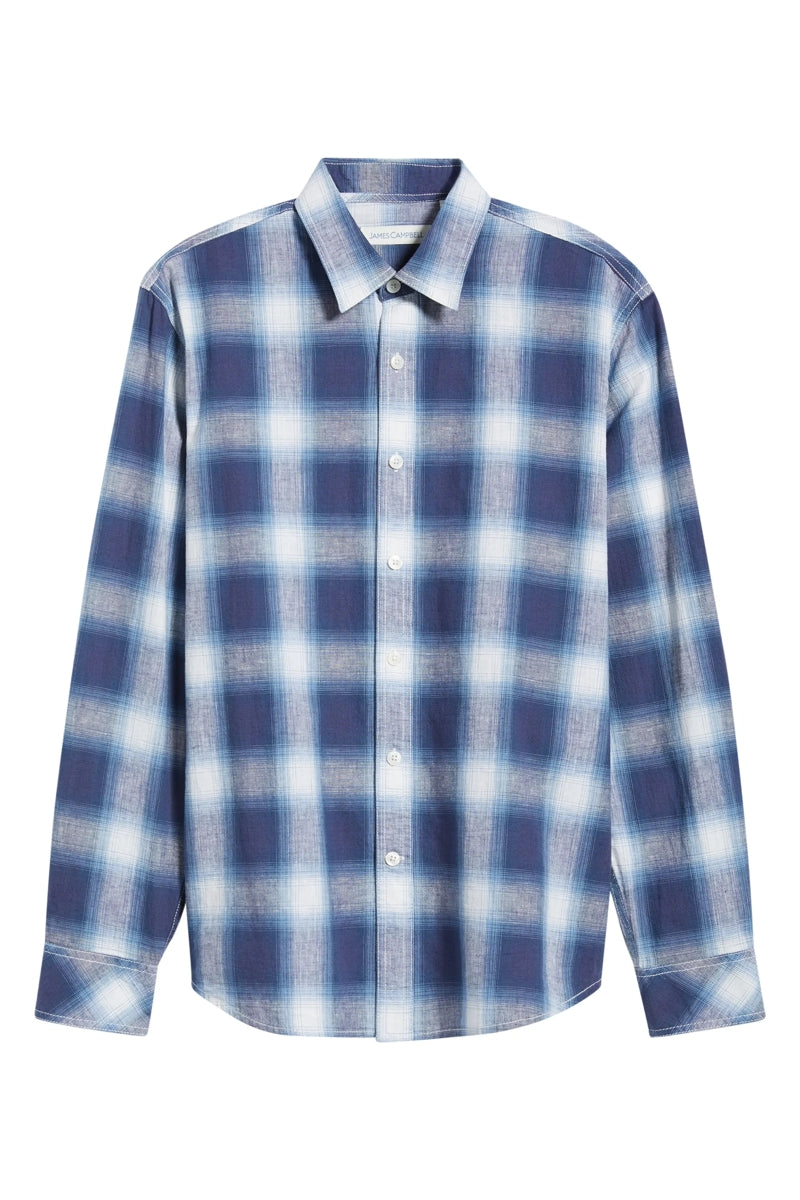 Wholesale,James Campbell, James Campbell Blue/White Plaid Cotton/Linen Blend Shirt, Blue, Large-46-TagL