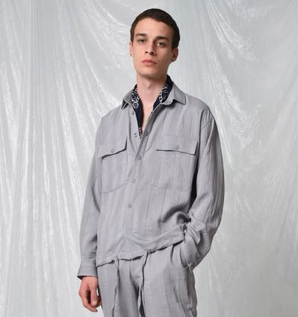 Clothing Supplier,Antioch, Antioch Light Grey Vertical Tonal Stripe Shacket, Grey, Large-48-TagXLLarge-46-TagLMedium-45-TagMMedium-43-TagS