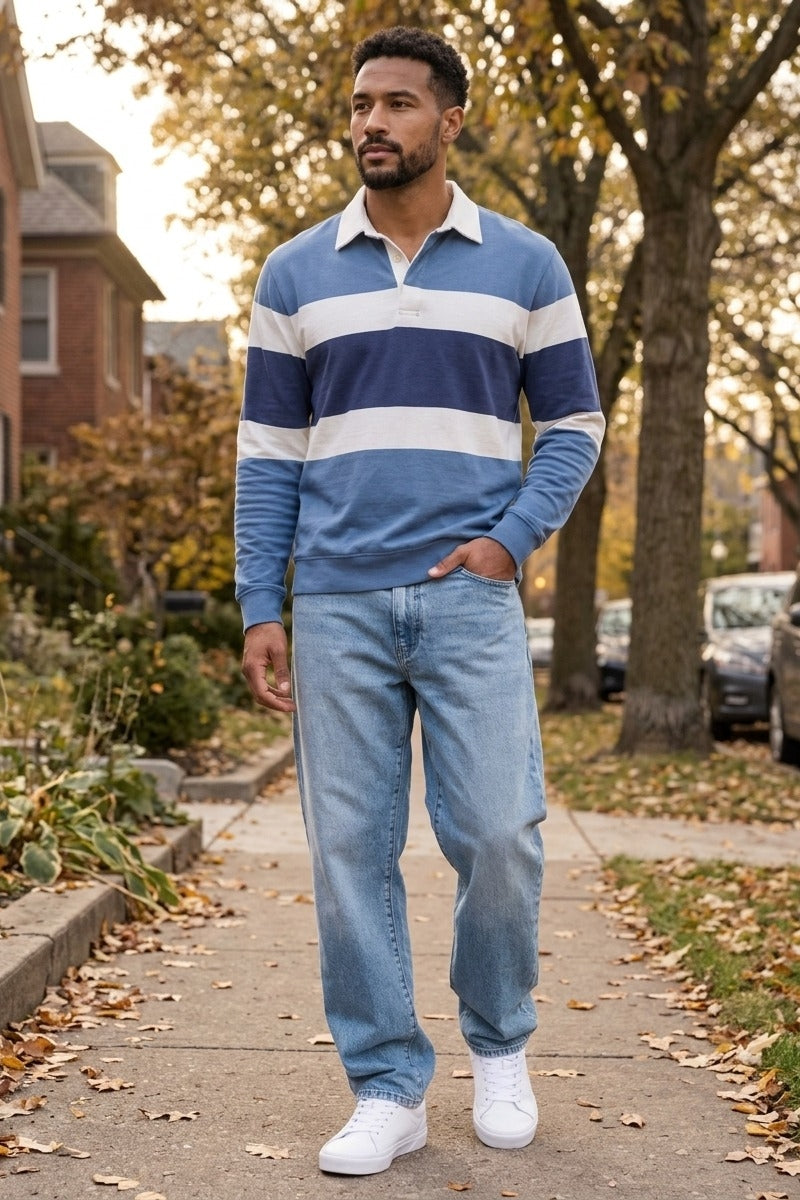 Wholesale,Marine Layer, Marine Layer Blue with Cream Colorblock Suede Rugby Polo, Blue, Small-42-TagSMedium-44-TagMLarge-47-TagLExtra Large-50-TagXL