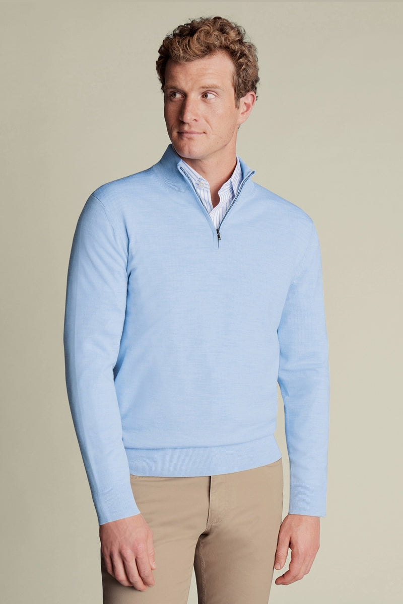 Wholesale,Charles Tyrwhitt, Charles Tyrwhitt Sky Blue Pure Merino Wool Qtr Zip, Blue, Medium-42-TagMLarge-45-TagLExtra Large-48-TagXLExtra Extra Large-51-TagXXLSmall-39-TagS