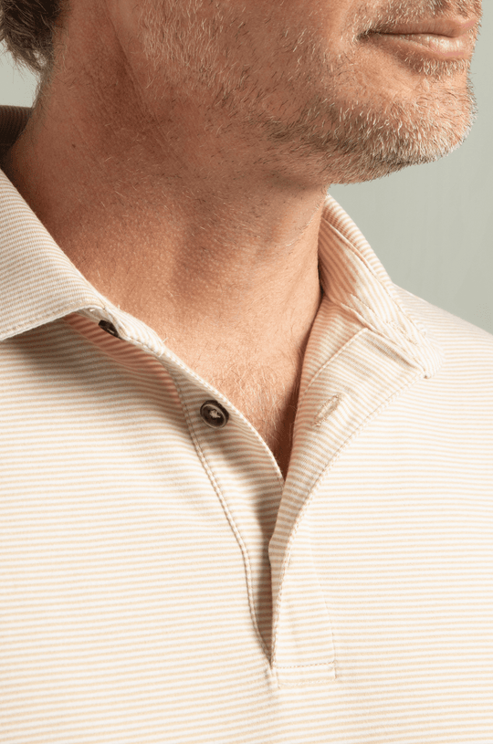 Brand Partner,HyperNatural, HyperNatural Tan/White Striped Premium Bio-performance Pinehurst Classic Fit Jersey Polo with Hyper-Cool Jade, Tan, Small-40-TagSExtra Extra Large-54-TagXXLLarge-47-TagLExtra Large-50-TagXLMedium-43-TagM