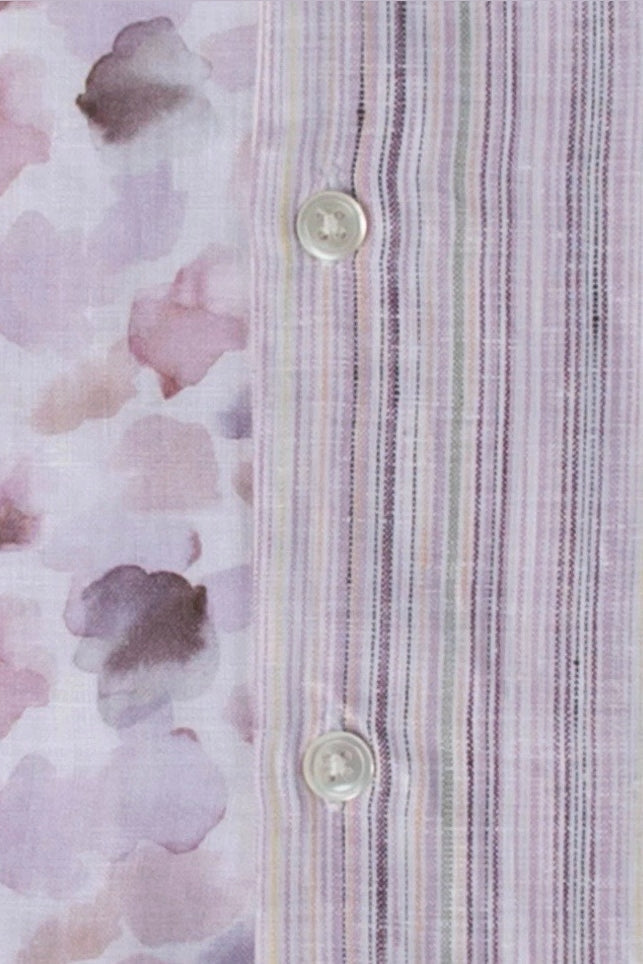 Brand Partner,Stitch Note, Stitch Note Violet Half Watercolor Print Half Vertical Stripe European Linen Split Body Shirt, Purple, Small-40-TagSMedium-42-TagMMedium-44-TagLLarge-46-TagXLExtra Large-48-TagXXL