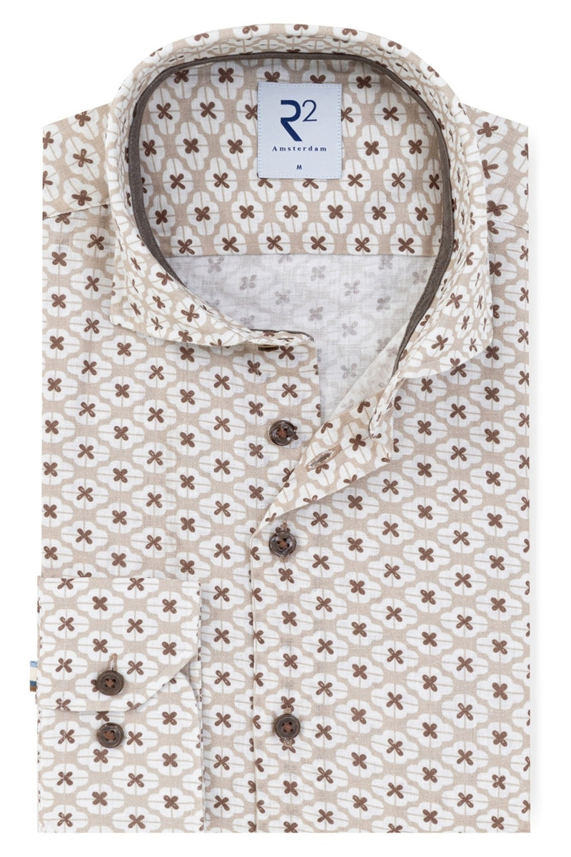 Direct From Brand,R2 Amsterdam, R2 Amsterdam  Beige/Brown Floral Tile Print Shirt, Tan, Small-40-TagSMedium-43-TagMLarge-46-TagLExtra Large-49-TagXLExtra Extra Large-52-TagXXLExtra Extra Extra Large-55-Tag3XL