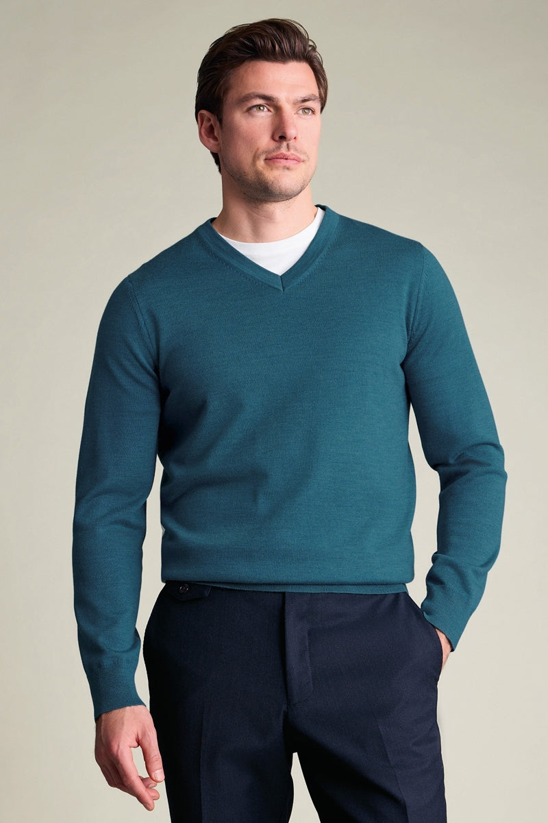 Wholesale,Charles Tyrwhitt, Charles Tyrwhitt Teal Pure Merino Wool V-Neck Sweater, Blue, Small-39-TagS