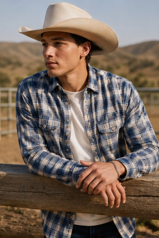Wholesale,James Campbell, James Campbell Blue/Cream Plaid Button-Up Shirt, Blue, Medium-43-TagM