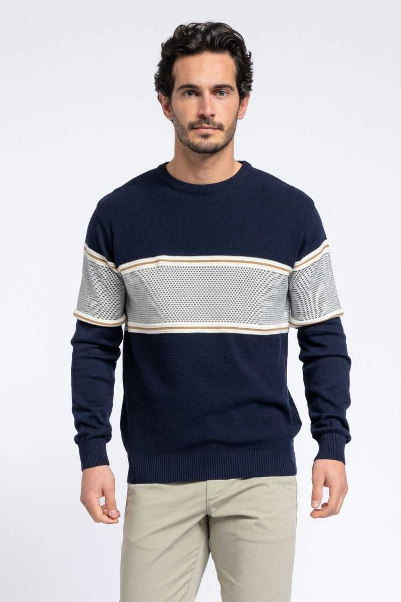 Faire,SMF, SMF Navy Colorblock Textured Knit Crewneck Sweater, Blue, Medium-40-TagMLarge-42-TagLExtra Large-44-TagXL