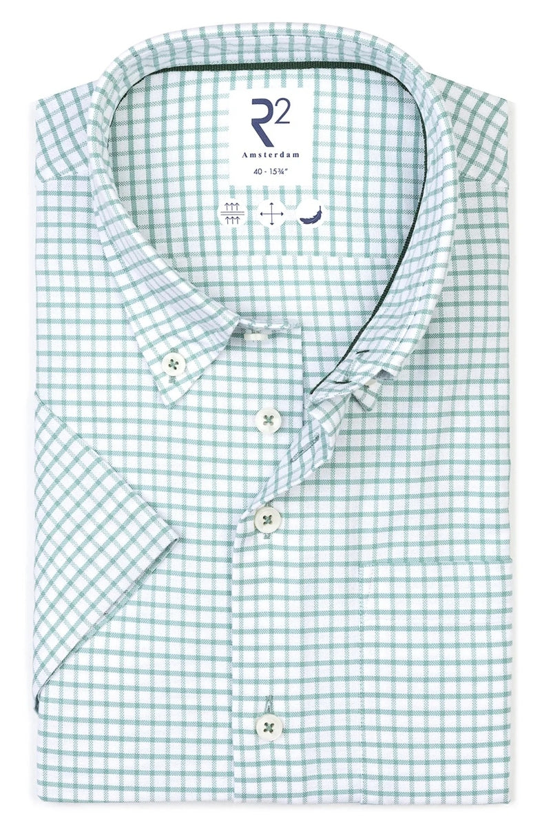 Direct From Brand,R2 Amsterdam, R2 Amsterdam Green/White Checkered Oxford Shirt, Green, Medium-44-Tag41Large-46-Tag42Medium-42-Tag39Large-45-Tag41Extra Extra Large-49-Tag43Medium-44-Tag40
