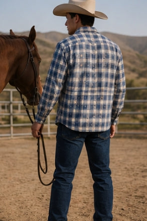Wholesale,James Campbell, James Campbell Blue/Cream Plaid Button-Up Shirt, Blue, Medium-43-TagM