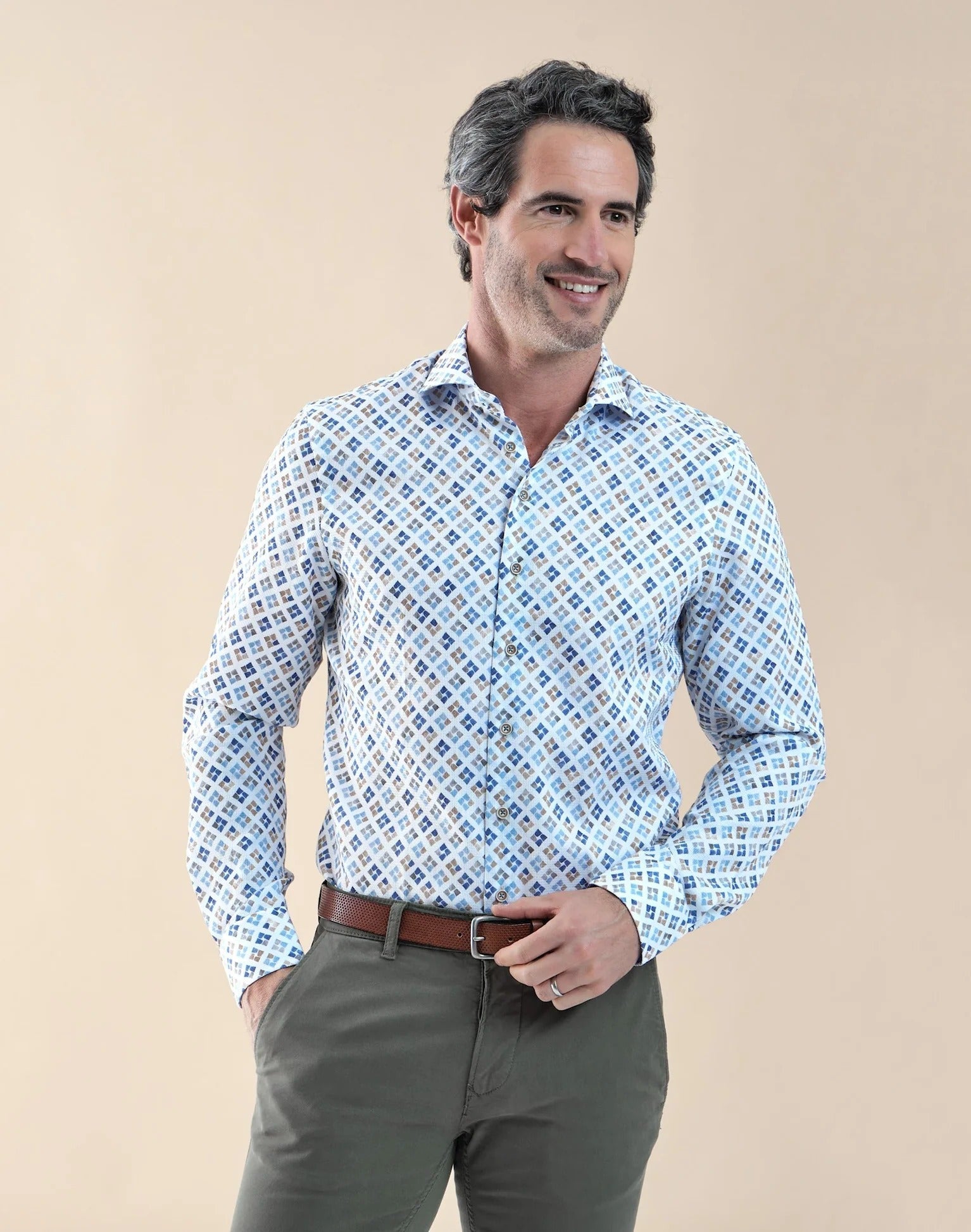 Direct From Brand,R2 Amsterdam, R2 Amsterdam White Cup Print Long Sleeve Button Up Shirt, White, Large-46-Tag42