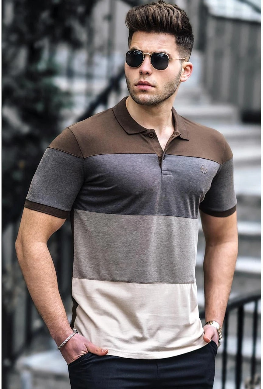 Wholesale,Madmext, Madmext Brown Stripe Knitwear Mens Short Sleeve Polo, Brown, Extra Small-36-TagS