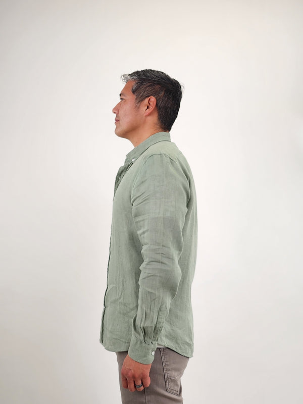 Jakamen Green Linen Slim Fit Long Sleeve Button Up Shirt