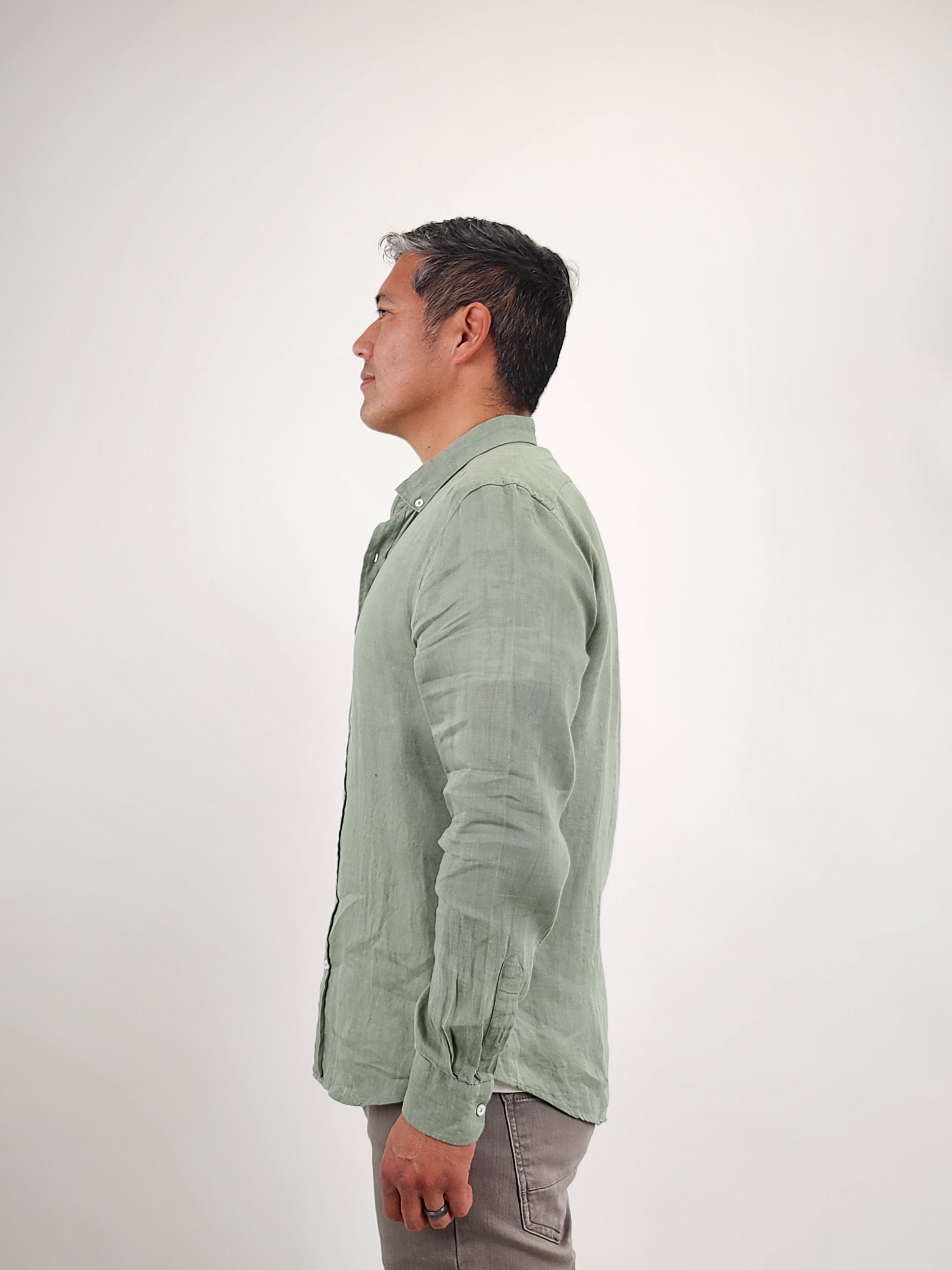 Wholesale,Jakamen, Jakamen Green Linen Slim Fit Long Sleeve Button Up Shirt, Green, Medium-42-TagM