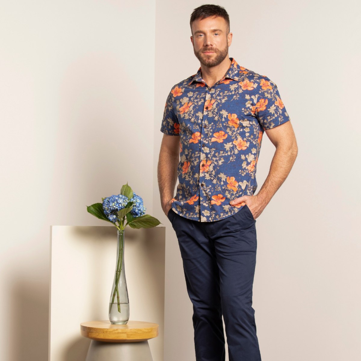 Brand Partner,Lords of Harlech, Lords of Harlech Navy Hibiscus Print Mechanical Stretch Scott Oriental Button Up Shirt, Blue, Large-45-TagL