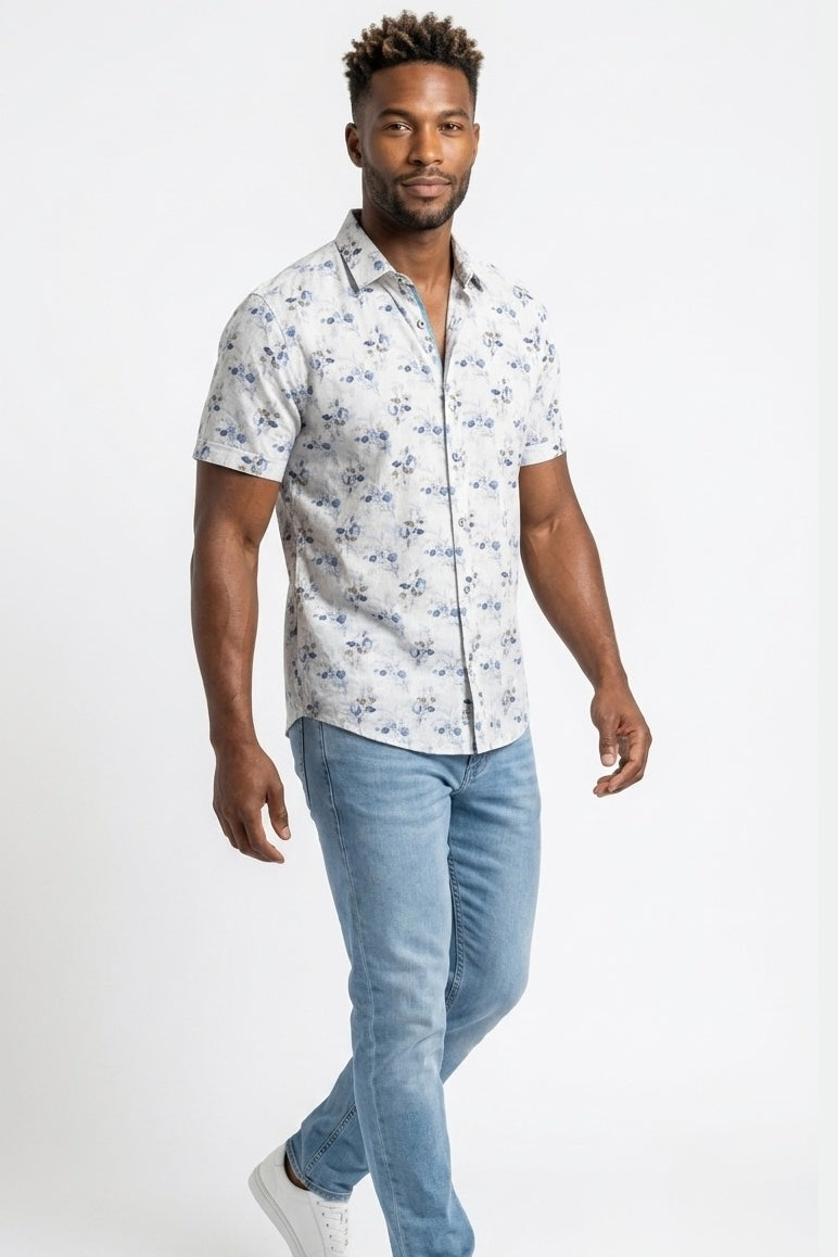 Faire,Guide London, Guide London White Floral on Stripe Short Sleeve Button Up Shirt, White, Medium-44-TagL