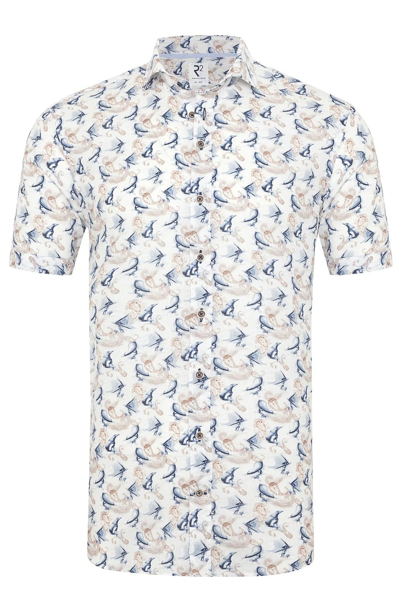 Direct From Brand,R2 Amsterdam, R2 Amsterdam White/Navy/Tan Wing Surf Print Shirt, White, Large-46-Tag42Extra Large-48-Tag43Extra Extra Large-56-Tag47Medium-42-Tag39Extra Extra Large-50-Tag44Extra Extra Large-52-Tag45