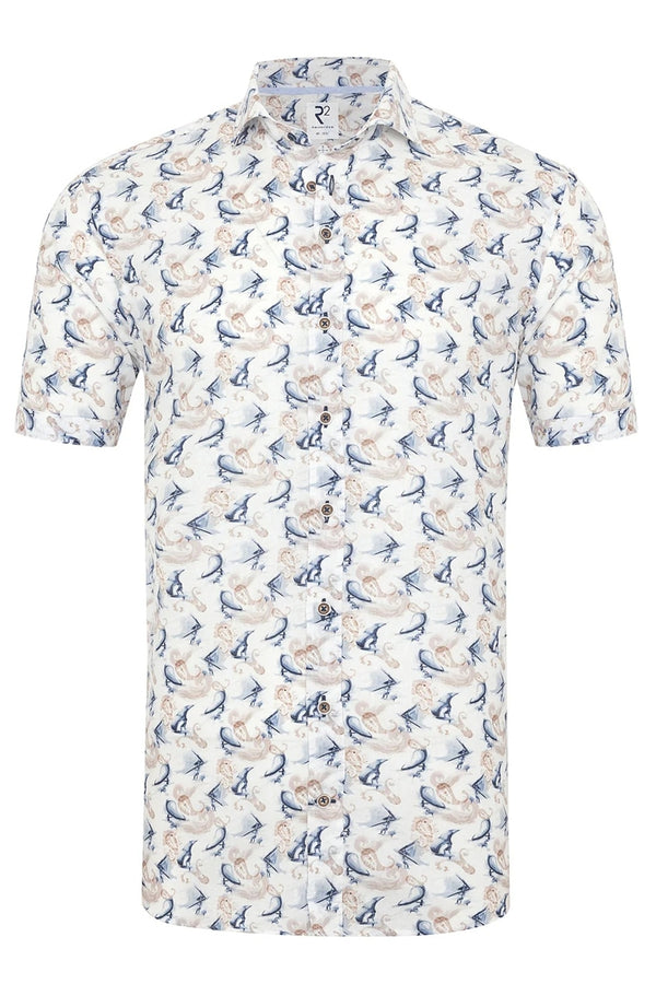 R2 Amsterdam White/Navy/Tan Wing Surf Print Shirt