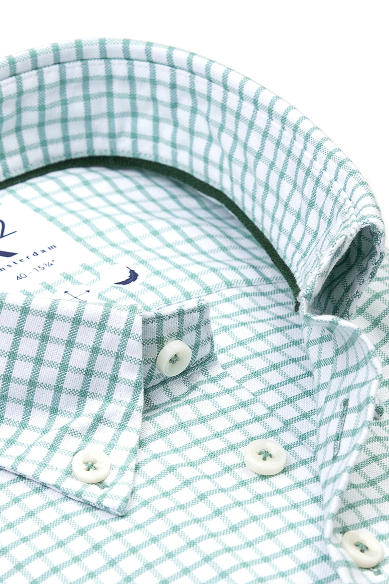 Direct From Brand,R2 Amsterdam, R2 Amsterdam Green/White Checkered Oxford Shirt, Green, Medium-44-Tag40