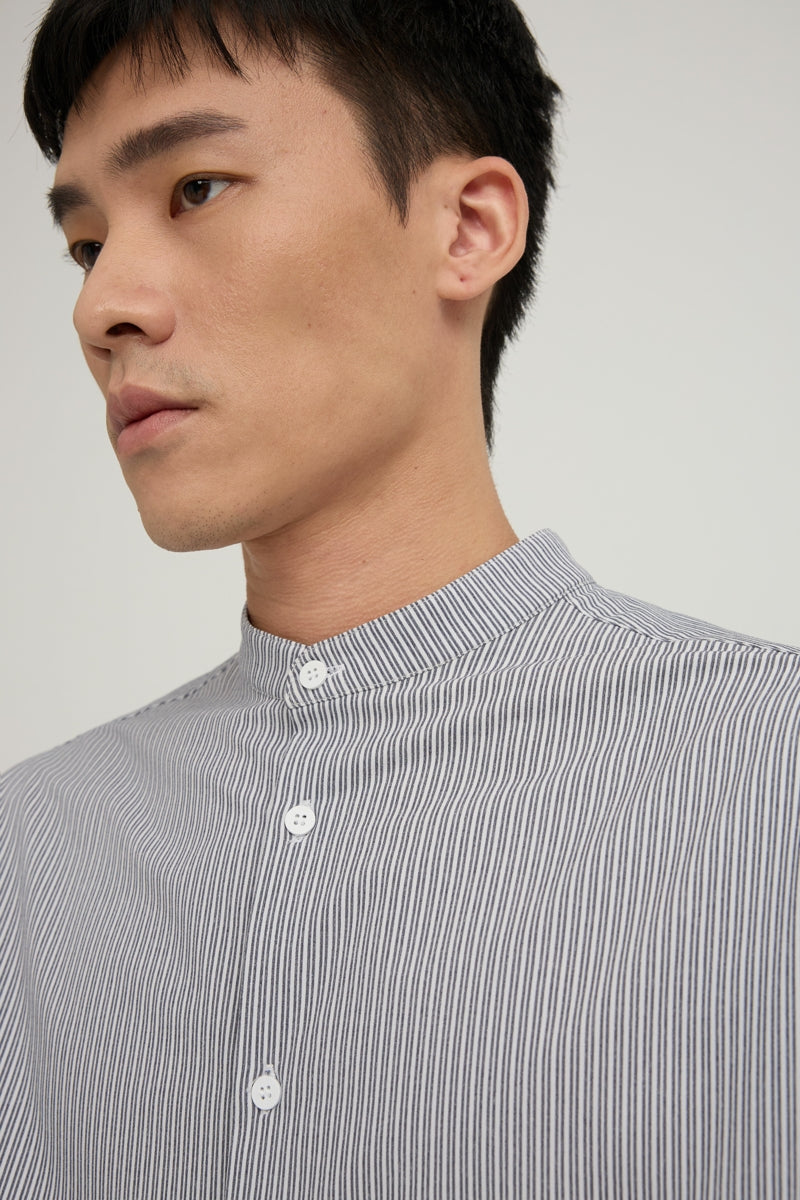Direct From Brand,FYNE, FYNE Navy/White Stripe Stand Collar Moisture Absorption Shirt, Blue, Large-46-TagL