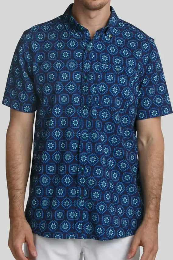 Faire,William Murray Golf, William Murray Golf Navy Tile Geo Print Short Sleeve Shirt, Blue, Large-46-TagL