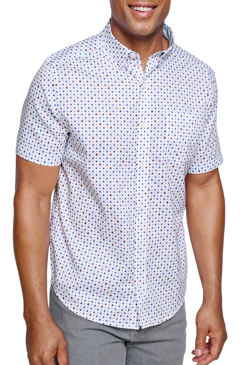 Wholesale,Johnston & Murphy, Johnston & Murphy White Multi Geo Airy Cotton Blend Shirt, White, Small-41-TagSMedium-44-TagMLarge-47-TagLExtra Large-50-TagXLExtra Extra Large-54-TagXXL