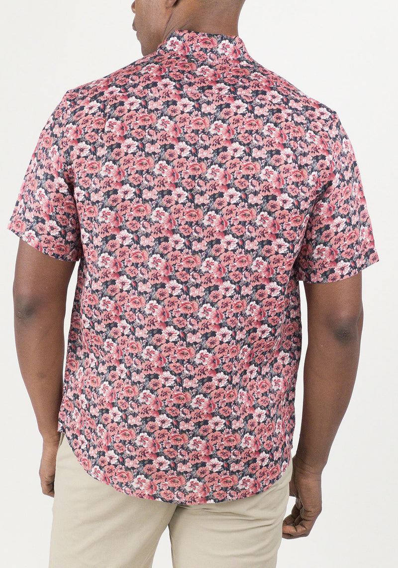 Brand Partner,Tailor Vintage, Tailor Vintage Dark Red Floral Print Puretec Cool Cotton/Linen Blend Shirt, Red, Small-41-TagSLarge-47-TagLExtra Large-51-TagXLExtra Extra Large-55-TagXXLMedium-44-TagM