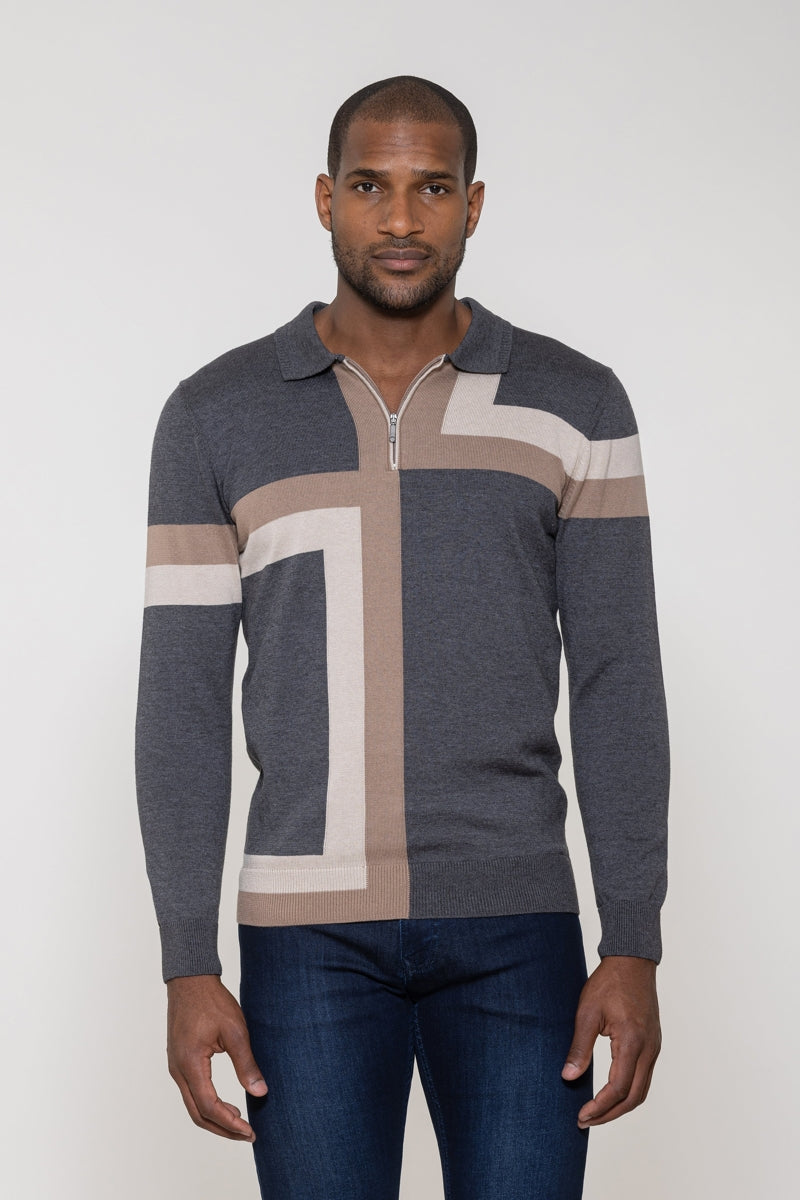 Wholesale,Luchiano Visconti, Luchiano Visconti Charcoal Intersia Geometric Color Block Zip Polo, Grey, Medium-42-TagMLarge-44-TagLExtra Large-46-TagXLSmall-40-TagSExtra Extra Large-48-TagXXL