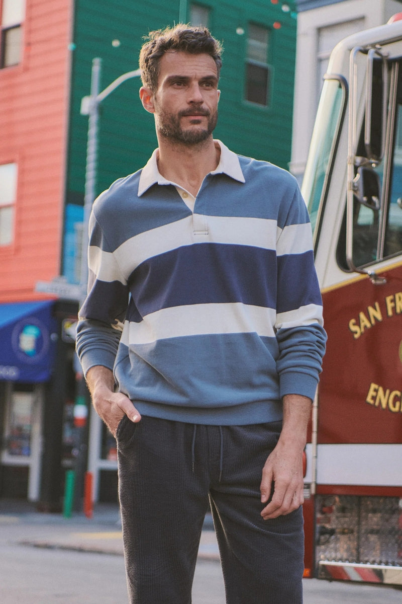Wholesale,Marine Layer, Marine Layer Blue with Cream Colorblock Suede Rugby Polo, Blue, Small-42-TagSMedium-44-TagMLarge-47-TagLExtra Large-50-TagXL
