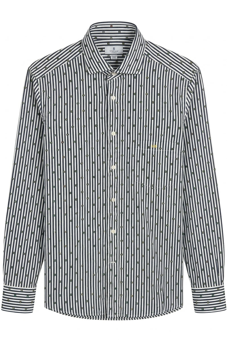 RealReal,TINCATI, TINCATI Navy/White Vertical Stripes Floral Embroidery Print Dress Shirt, Blue, Medium-43-TagM