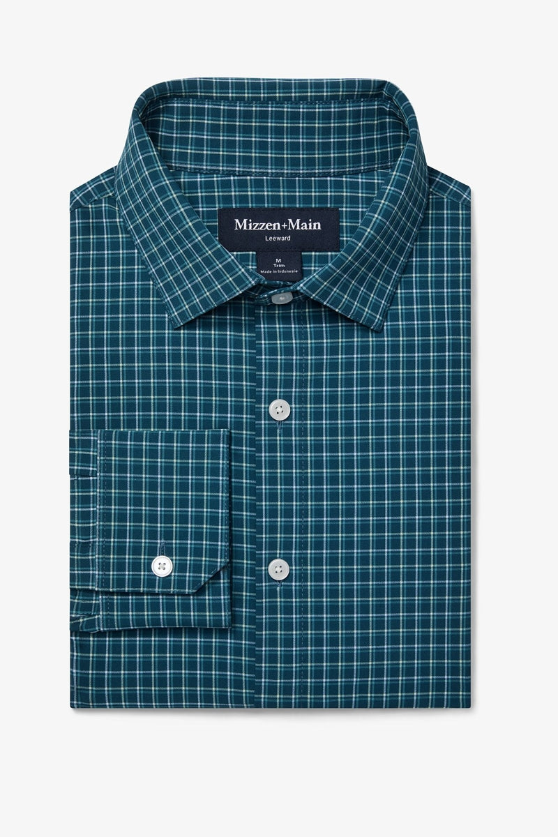 Mizzen + Main Sea Green Plaid Trim No Tuck Dress Shirt