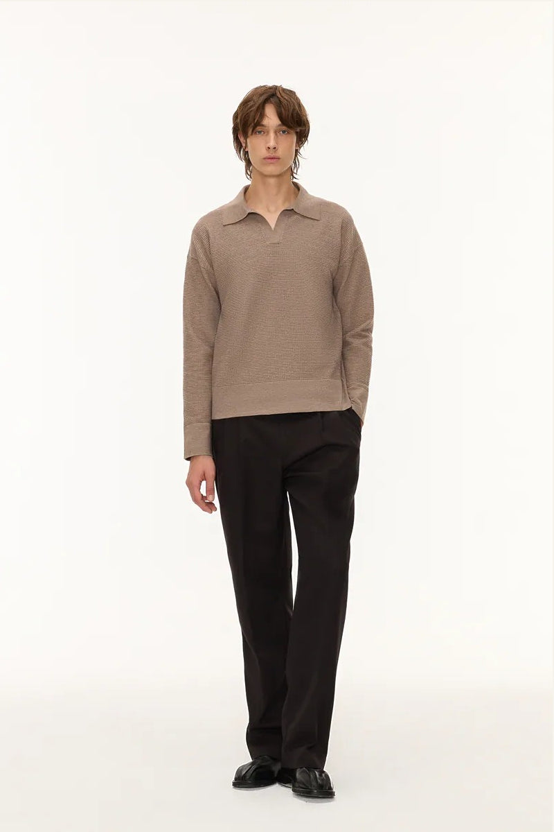 Direct From Brand,FYNE, FYNE Tan Waffle Knit V-neck Sweater Polo, Tan, Medium-45-TagM