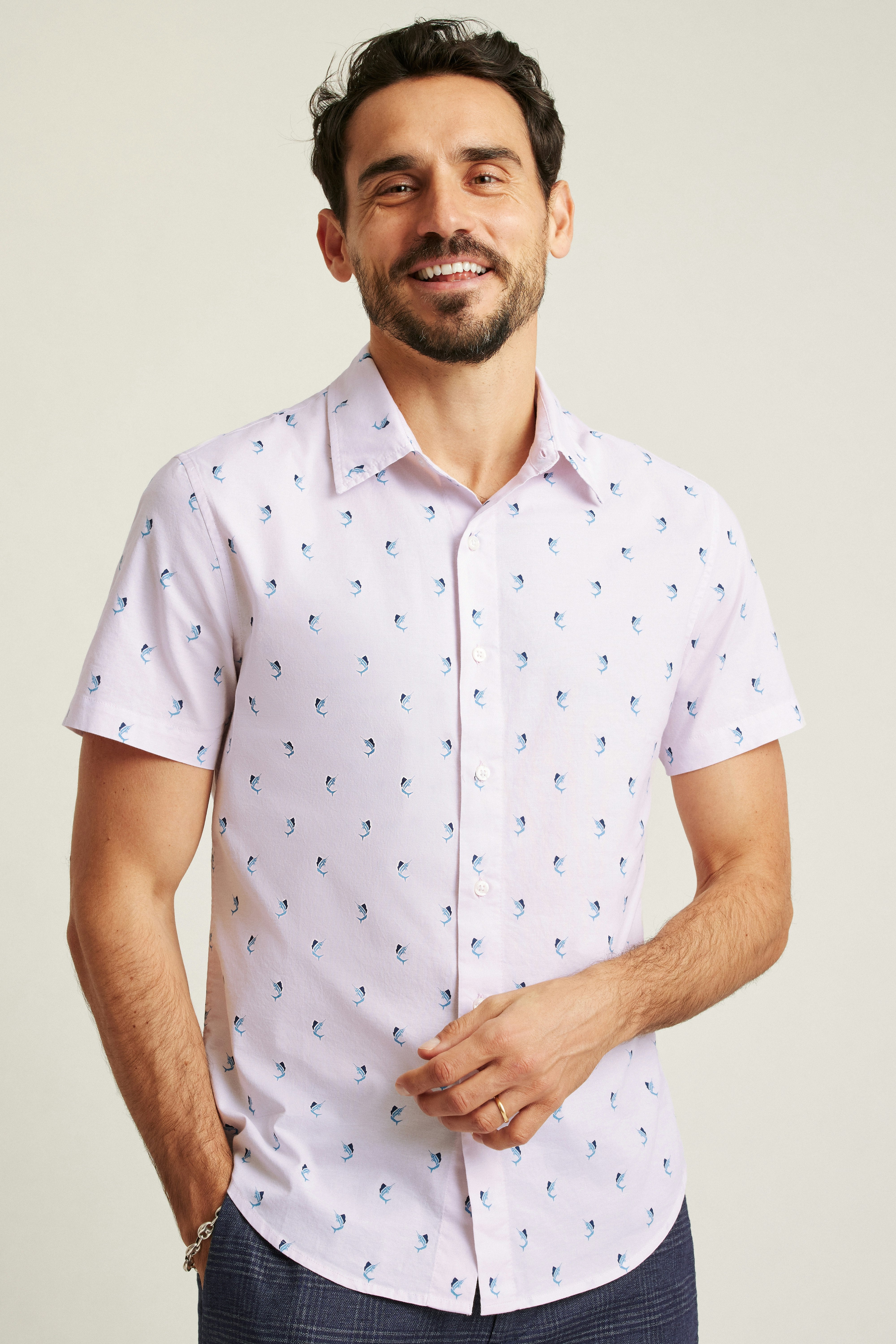 Wholesale,Bonobos, Bonobos Pink Swordfish Print Stretch Riviera Short Sleeve Shirt, Pink, Small-39-TagS