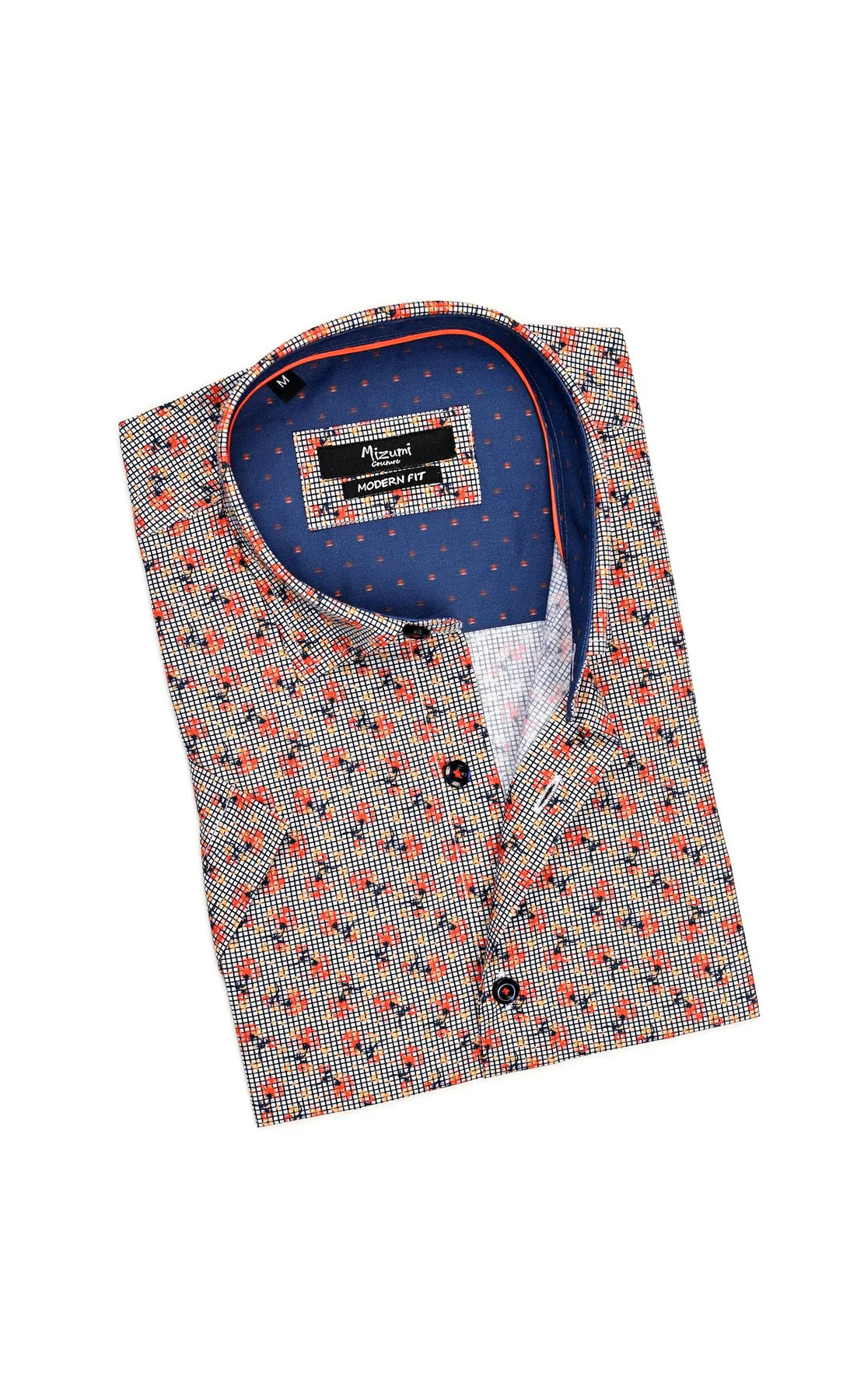 Wholesale,Mizumi, Mizumi Navy/Orange Grid with Abstract Printed Shirt, Blue, Medium-43-TagM