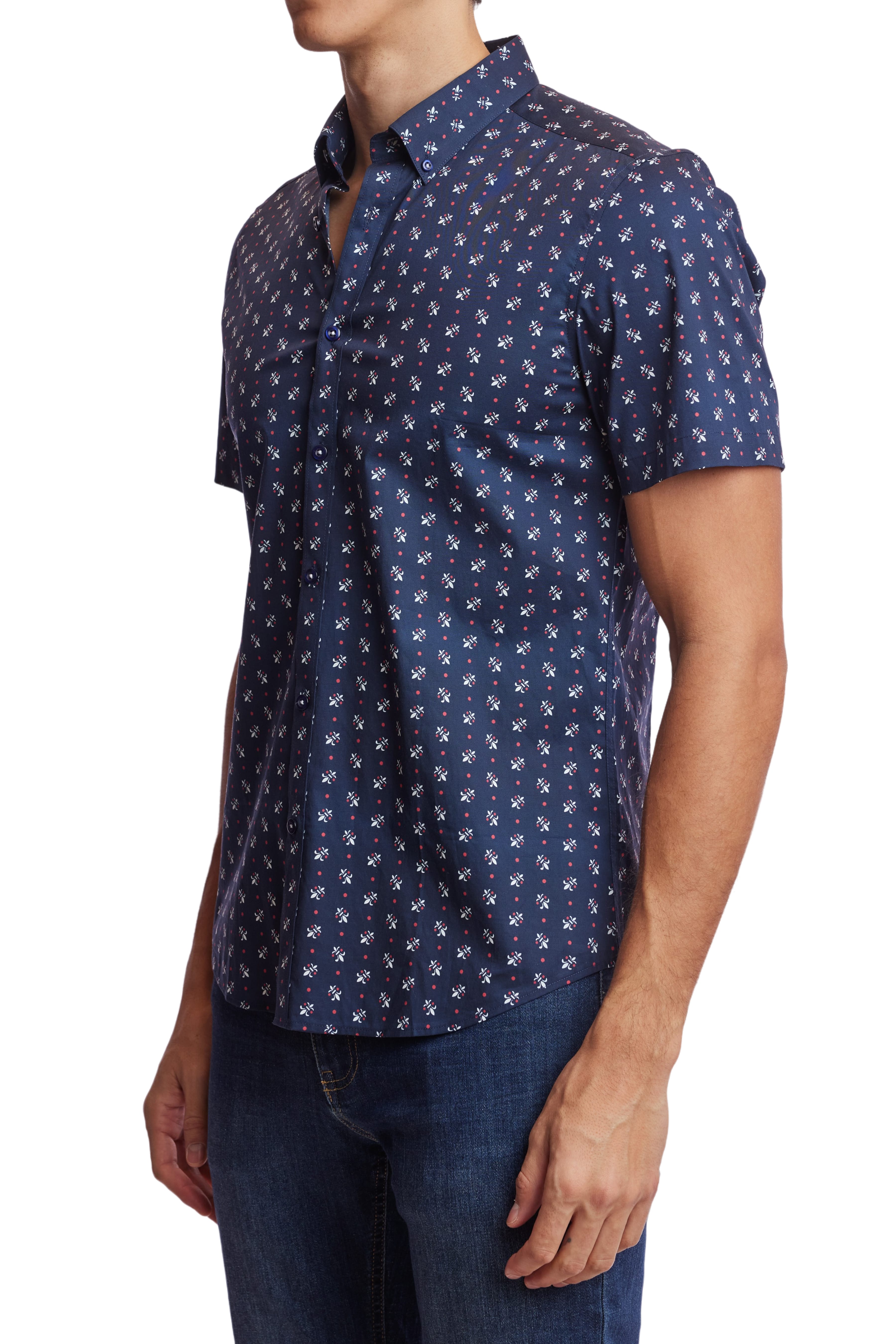 Wholesale,Paisley & Gray, Paisley & Gray Navy Fleur De Lis Print Short Sleeve Shirt, Blue, Small-38-TagSSmall-40-TagMLarge-46-TagXLExtra Large-49-TagXXLMedium-43-TagL