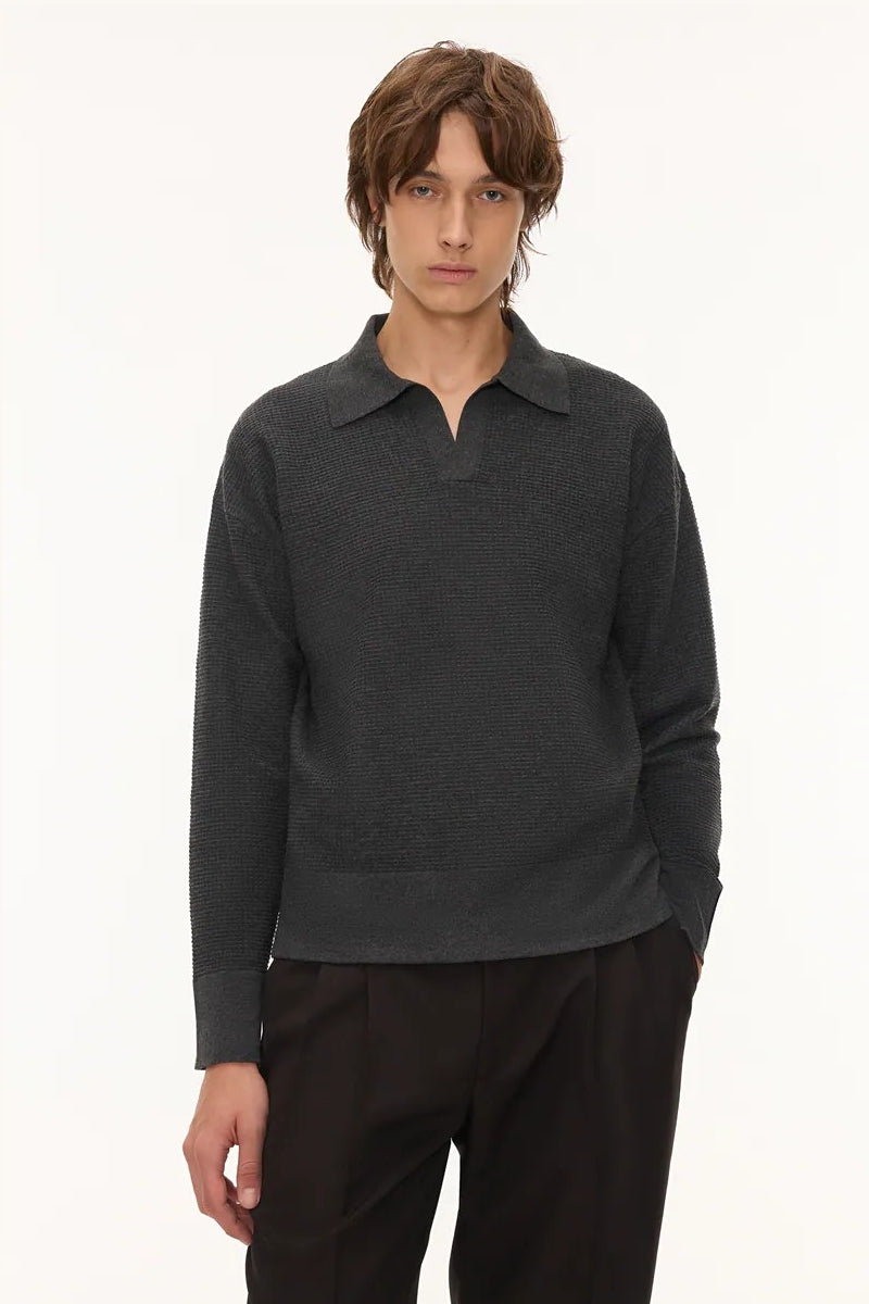 Direct From Brand,FYNE, FYNE Dark Grey Waffle Knit V-neck Sweater Polo, Grey, Medium-45-TagMLarge-48-TagL