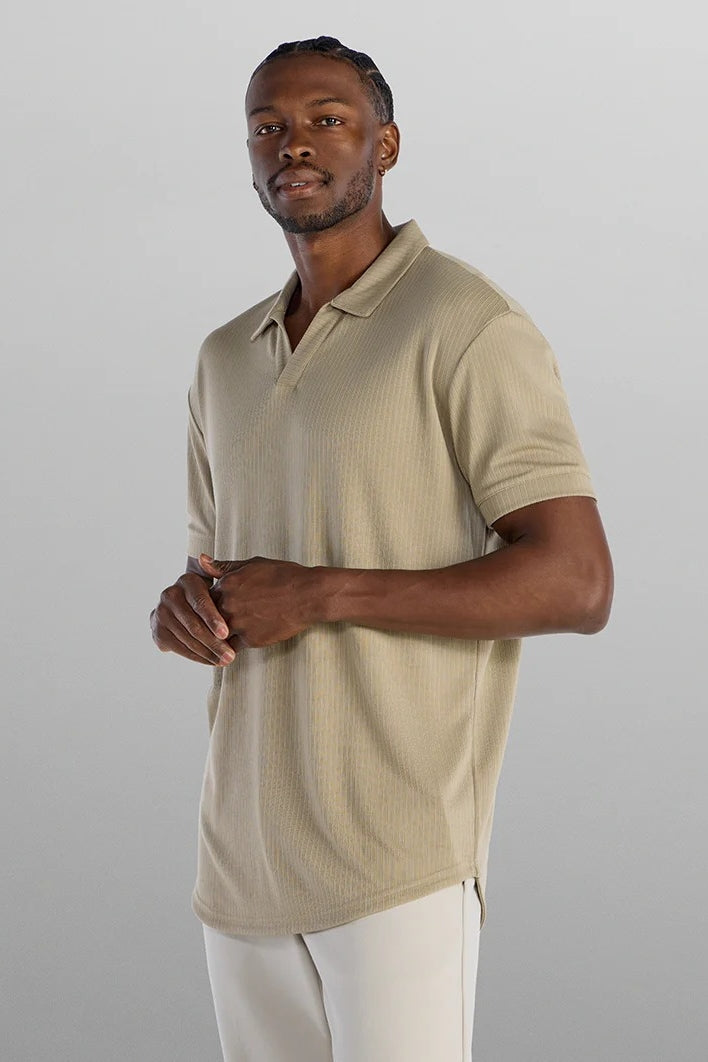 Wholesale,BYLT, BYLT Khaki Ribbed Drop-cut Open V Polo, Tan, Small-40-TagSLarge-45-TagLExtra Large-48-TagXL