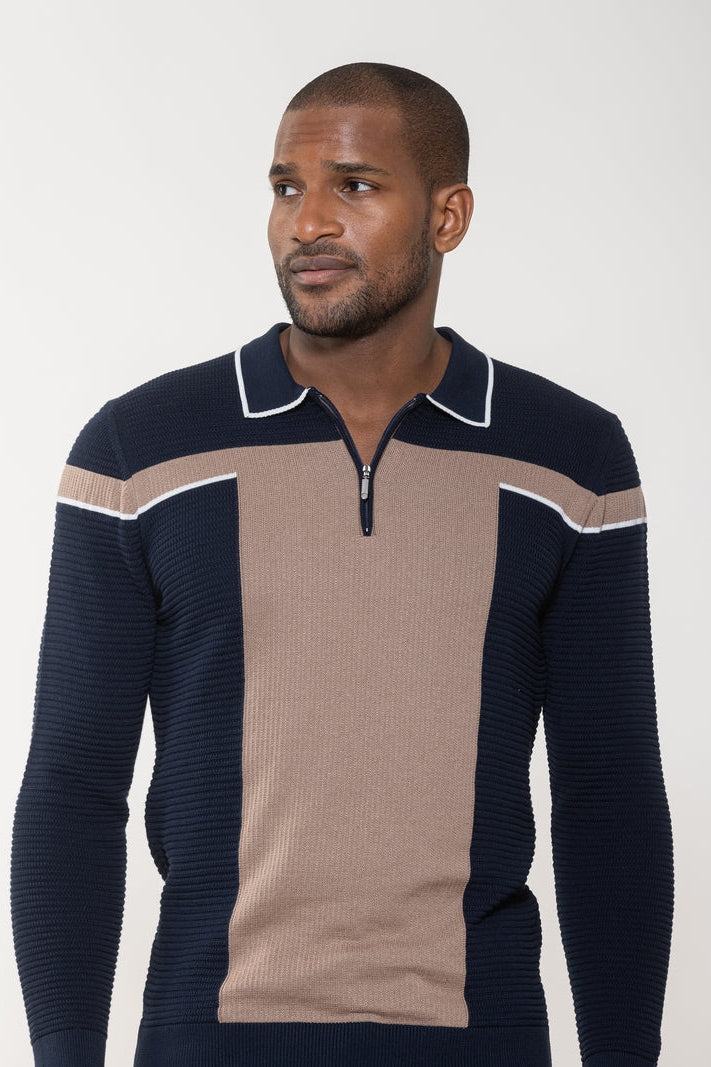 Wholesale,Luchiano Visconti, Luchiano Visconti Navy with Tan Colorblock Waffle Zip Polo, Blue, Small-38-TagSMedium-40-TagMLarge-42-TagLExtra Large-44-TagXLExtra Extra Large-45-TagXXL