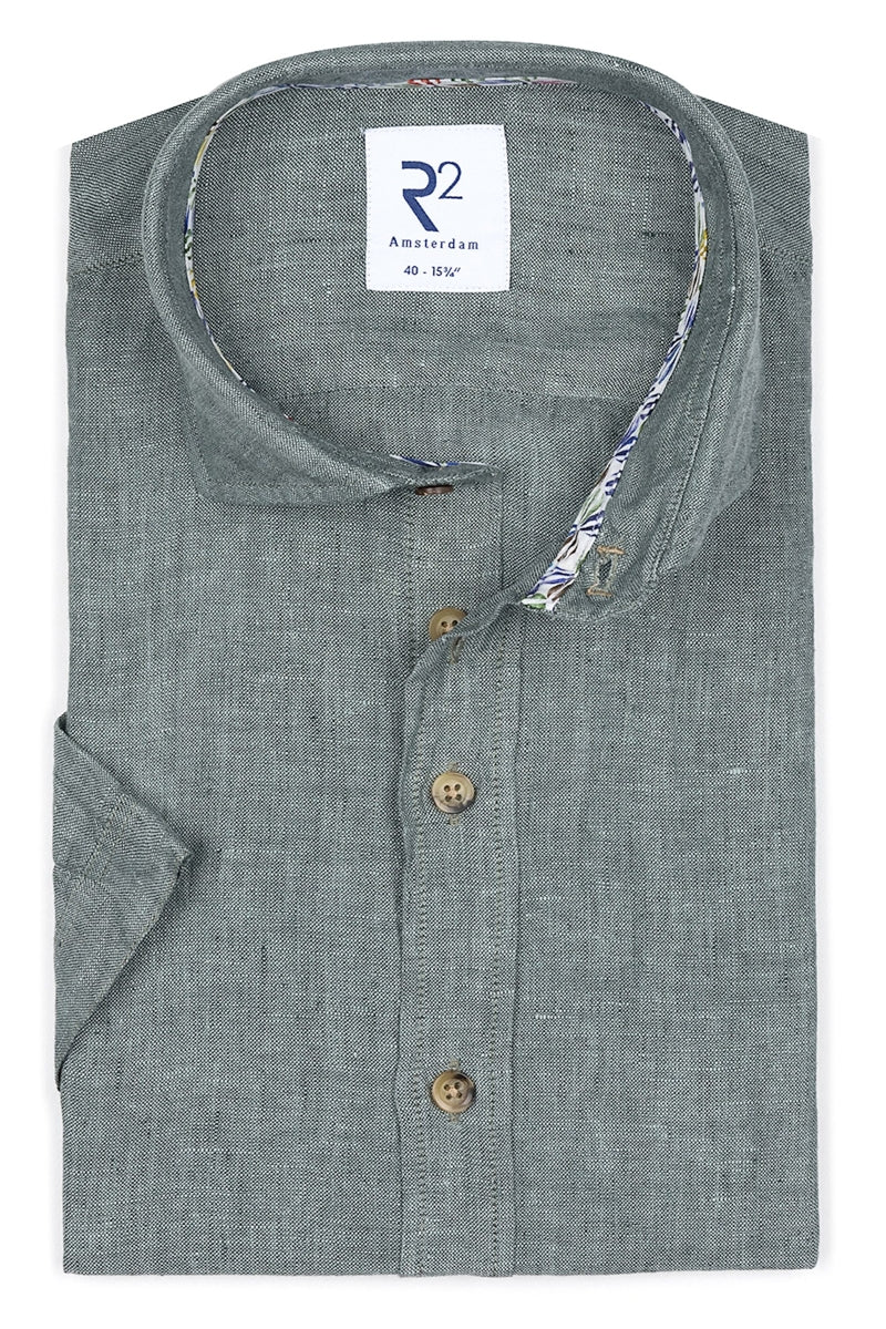 Direct From Brand,R2 Amsterdam, R2 Amsterdam Green Linen Short Sleeve Button Up Shirt, Green, Medium-43-Tag38