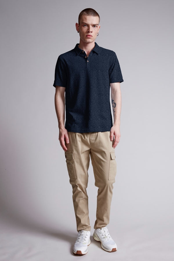 Escape Navy Melange Knit Textured Short Sleeve Polo