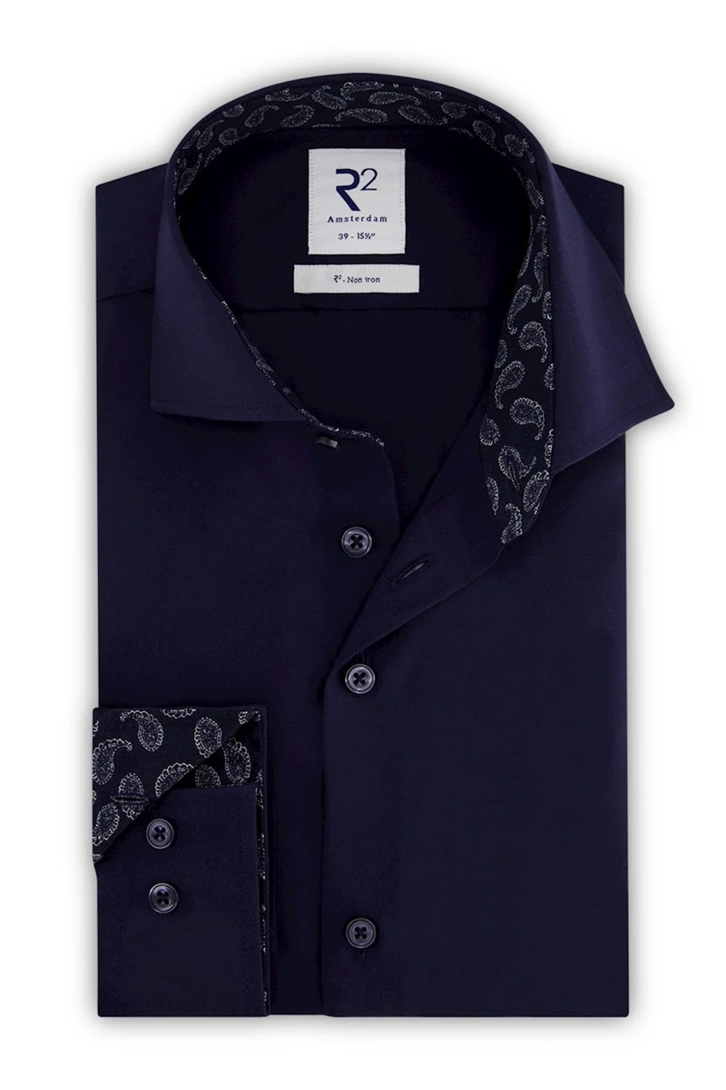 Direct From Brand,R2 Amsterdam, R2 Amsterdam Navy Blue Non-iron Satin Cotton Shirt, Blue, Small-41-Tag38