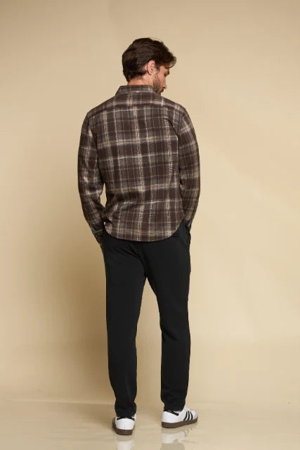 Wholesale,Fundamental Coast, Fundamental Coast Dark Brown Plaid Brushed Knit Flannel Shirt, Brown, Medium-44-TagM