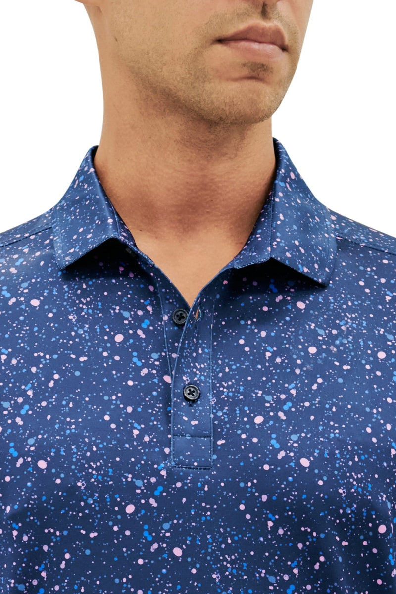 Faire,CON.STRUCT, CON.STRUCT Navy Paint Splatter 4-way Stretch Recycled Polo, Blue, Large-46-TagL