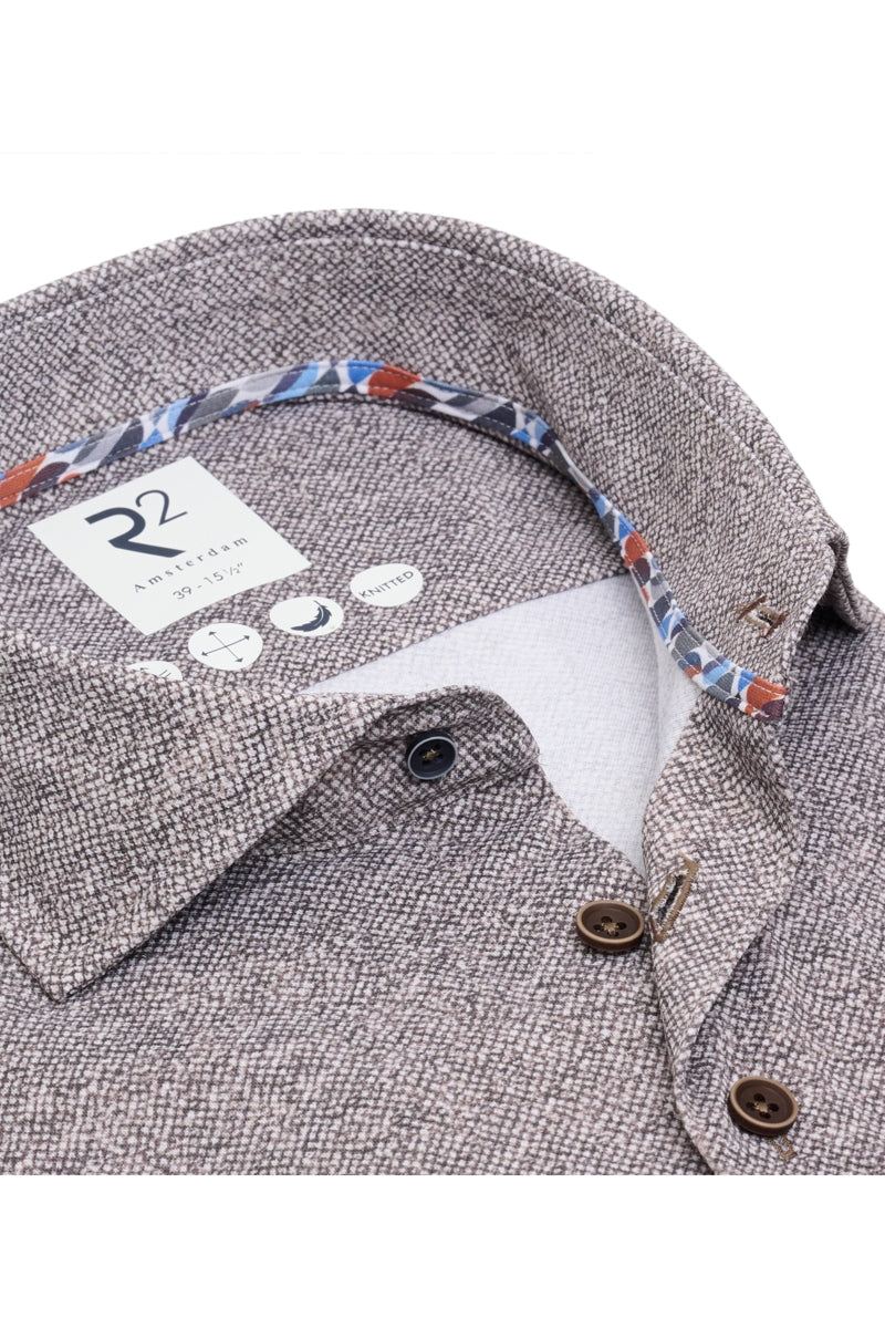 Direct From Brand,R2 Amsterdam, R2 Amsterdam Brown/Grey Printed Knitted Shirt, Brown, Medium-42-Tag39Medium-43-Tag40Medium-45-Tag41Large-46-Tag42Extra Extra Large-52-Tag45Extra Large-48-Tag43