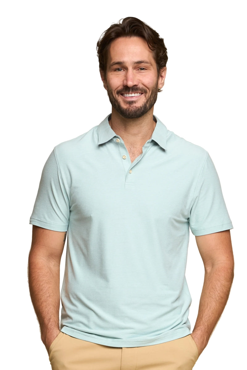 Wholesale,Fundamental Coast, Fundamental Coast Heathered Surf Blue Mini Stripe Reverse-jersey Polo, Blue, Medium-42-TagM
