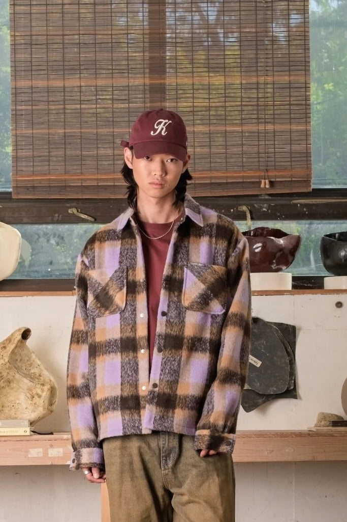 Wholesale,Kuwalla, Kuwalla Purple/Tan Plaid Snap Soft Faux Mohair Shacket, Purple, Small-43-TagSMedium-45-TagMLarge-47-TagLExtra Large-49-TagXL