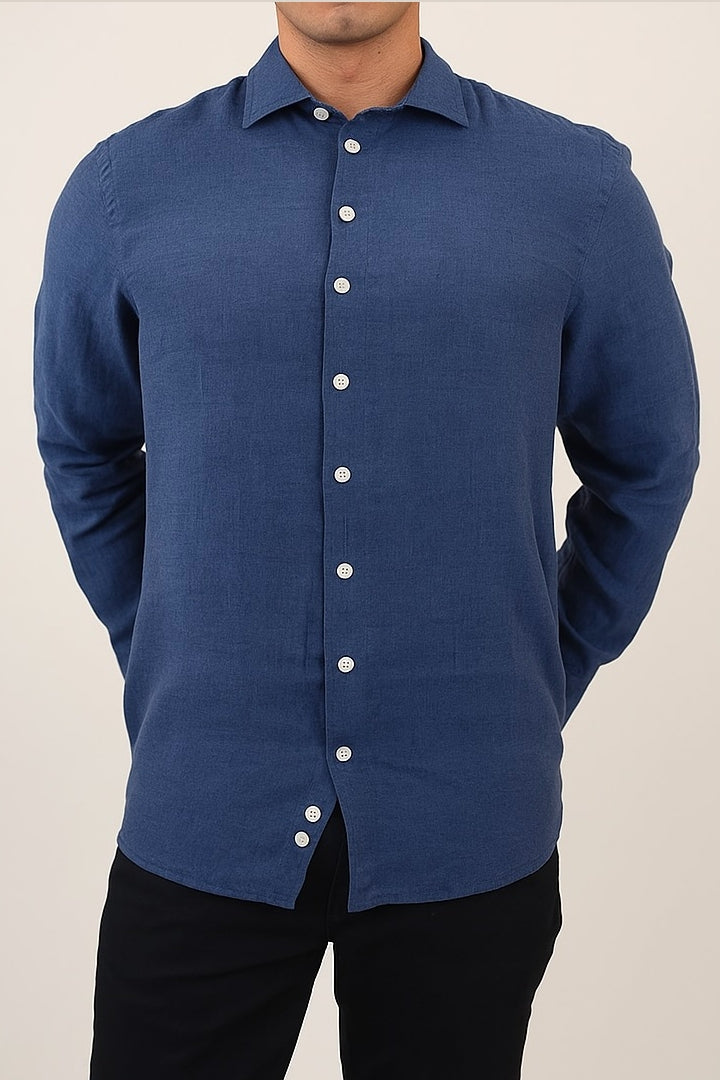 Brand Partner,R2 Amsterdam, R2 Amsterdam Dark Navy Linen Long Sleeve Shirt, Blue, Extra Extra Large-54-TagXXL