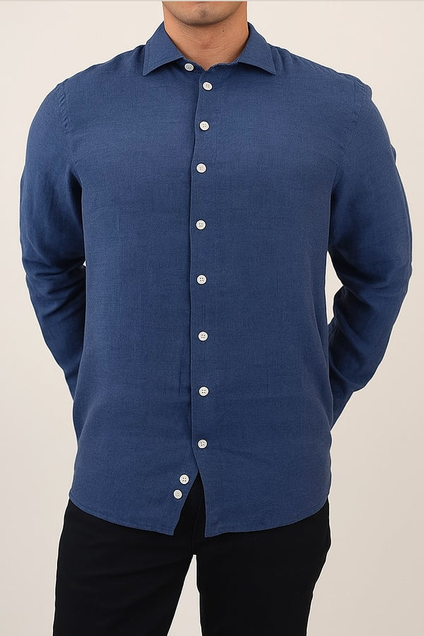 R2 Amsterdam Dark Navy Linen Long Sleeve Shirt